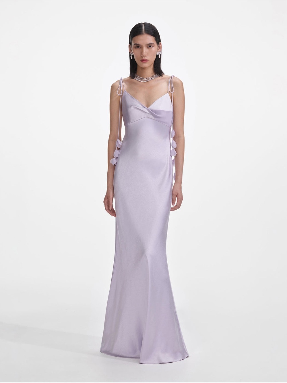 Self-Portrait Lilac Satin Slip Gown with Side Rosettes
